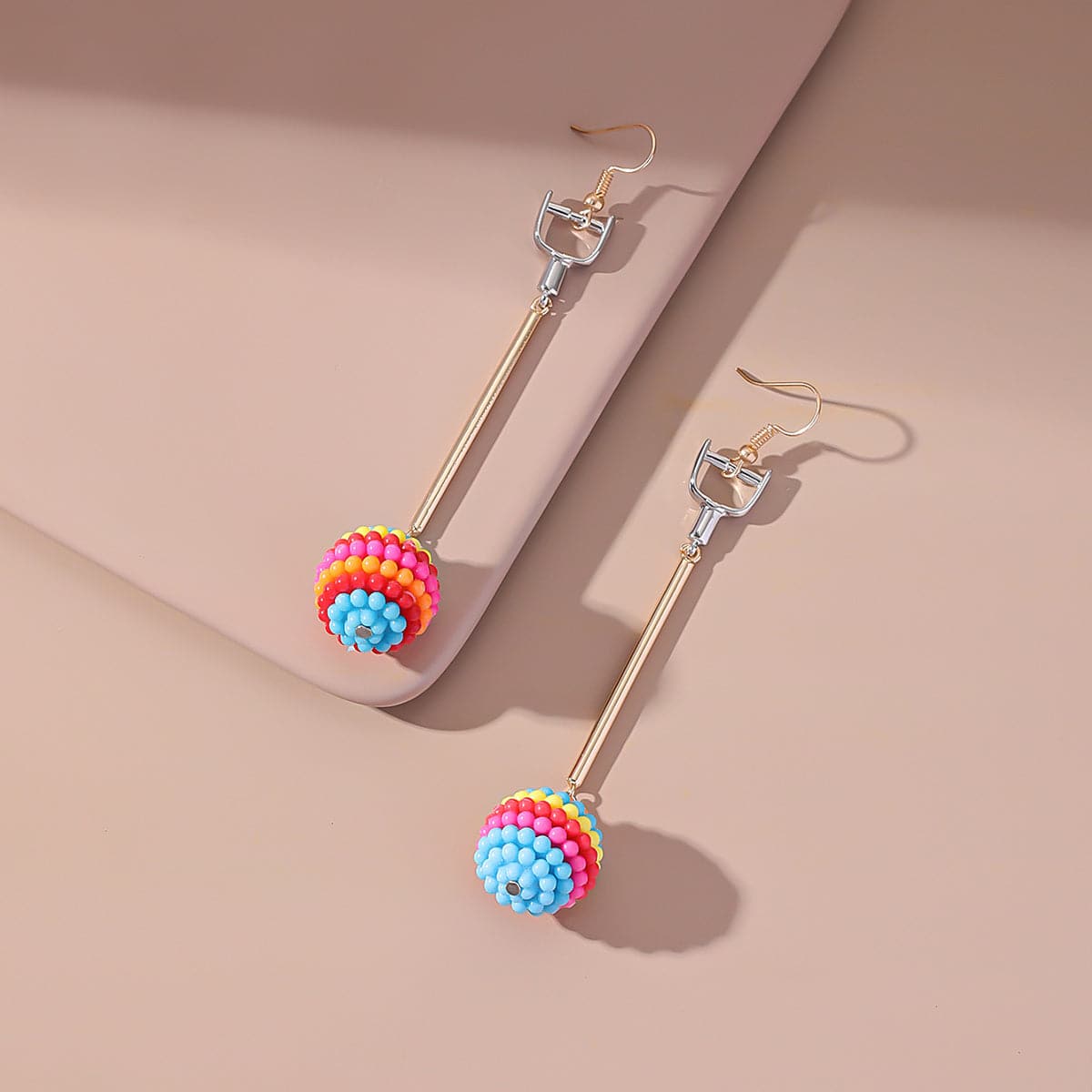 Rose Red and Multicolor Ball Rod Drop Earrings, drop earrings for women, vintage-inspired design, side view