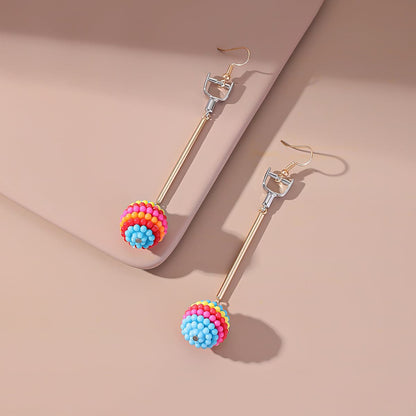 Rose Red and Multicolor Ball Rod Drop Earrings, drop earrings for women, vintage-inspired design, side view