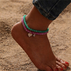Quartz & Cubic Zirconia Heart Charm Beaded Stretch Anklet Set