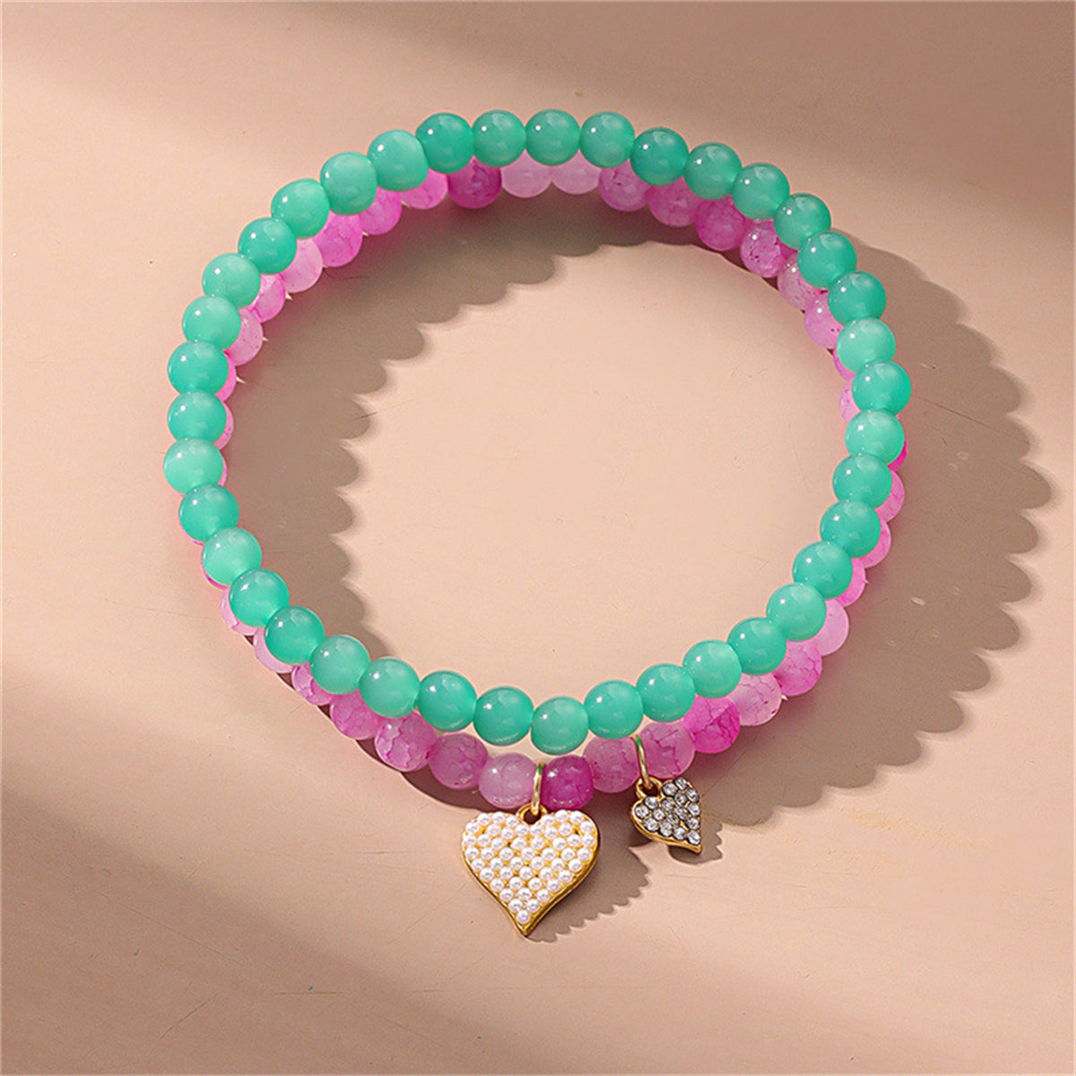 Quartz & Cubic Zirconia Heart Charm Beaded Stretch Anklet Set