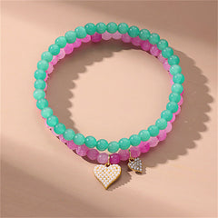Quartz & Cubic Zirconia Heart Charm Beaded Stretch Anklet Set