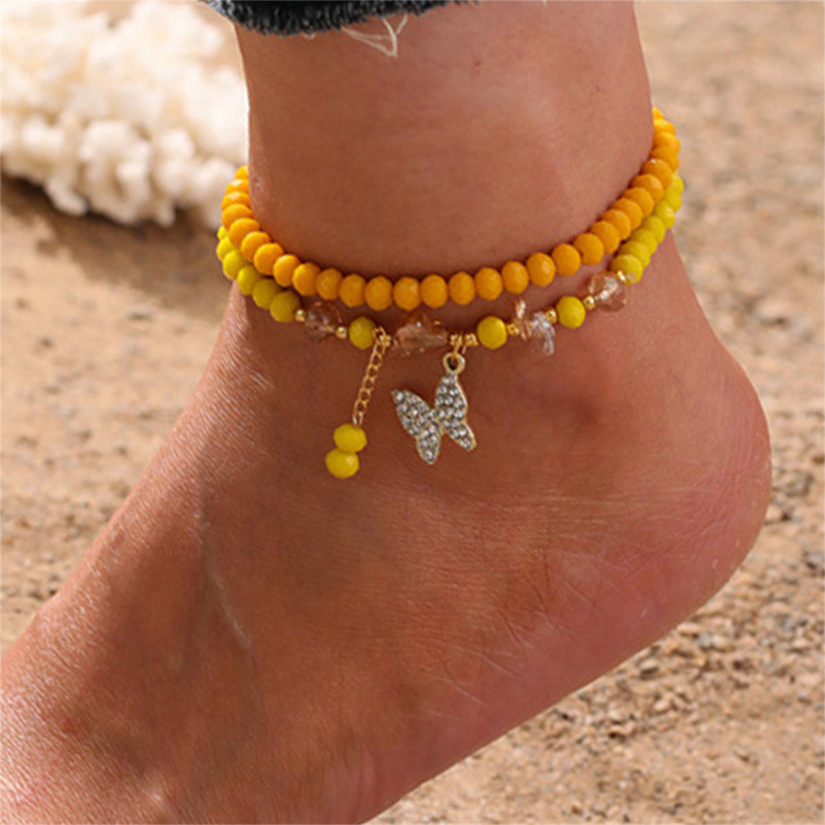 Yellow and Cubic Zirconia Heart Butterfly Stretch Anklet Set, jewelry gift sets for women, everyday style, side view