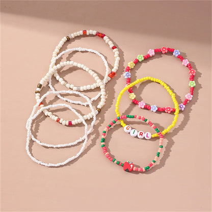 Howlite and Multicolor 'GIRL' Apple and Flower Stretch Bracelet Set, jewelry gift sets for women, everyday style, front view