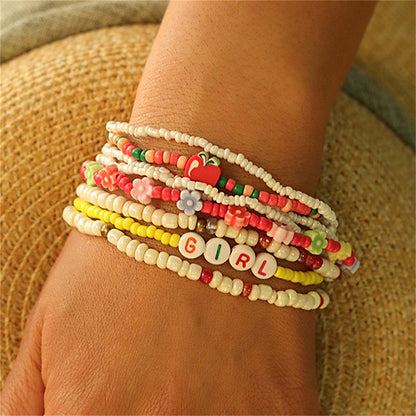Howlite and Multicolor 'GIRL' Apple and Flower Stretch Bracelet Set, jewelry gift sets for women, detail close-up
