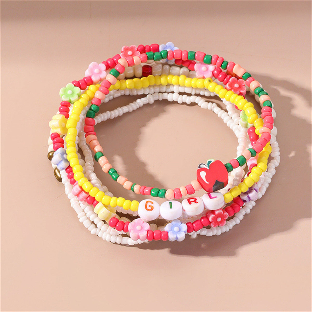Howlite and Multicolor 'GIRL' Apple and Flower Stretch Bracelet Set, jewelry gift sets for women, everyday style, side view