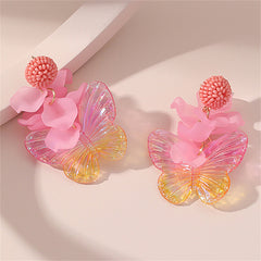 Pink Howlite & Acrylic 18K Gold-Plated Petals & Butterflies Drop Earrings