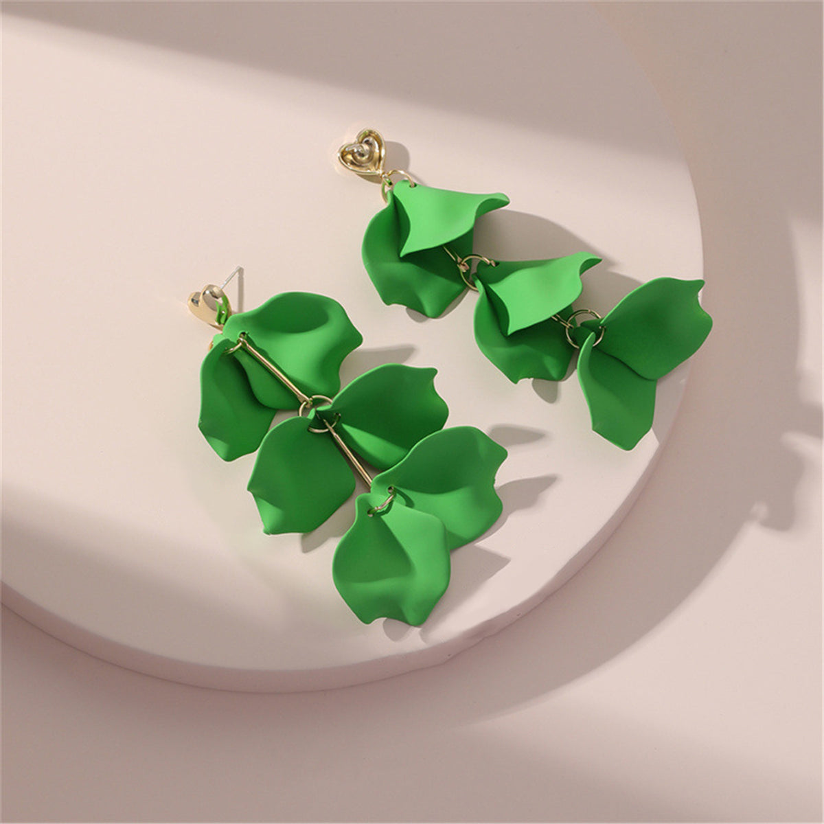 Green Enamel and 18K Gold-Plated Leaf Sprig Drop Earrings, gold drop earrings for women, botanical inspired, detail close-up