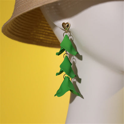 Green Enamel and 18K Gold-Plated Leaf Sprig Drop Earrings, gold drop earrings for women, botanical inspired, front view