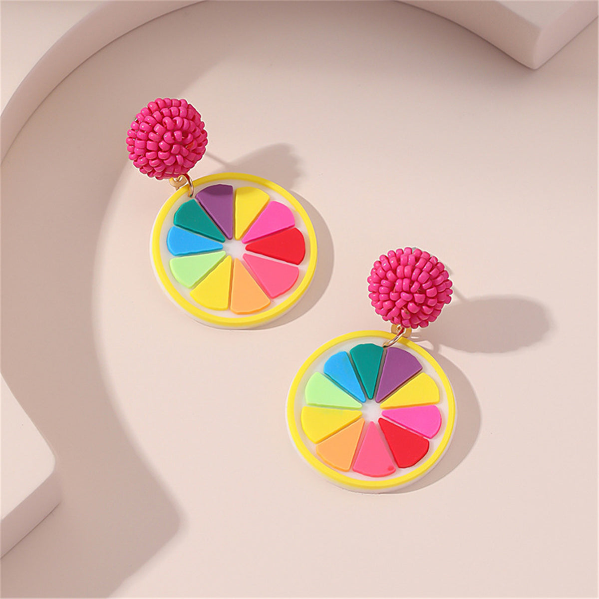 Fuchsia and Howlite 18K Gold-Plated Rainbow Lemon Drop Earrings, gold drop earrings for women, detail close-up