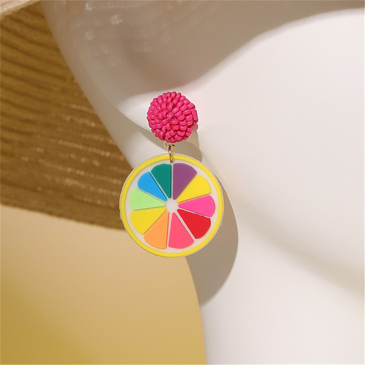 Fuchsia and Howlite 18K Gold-Plated Rainbow Lemon Drop Earrings, gold drop earrings for women, botanical inspired, front view