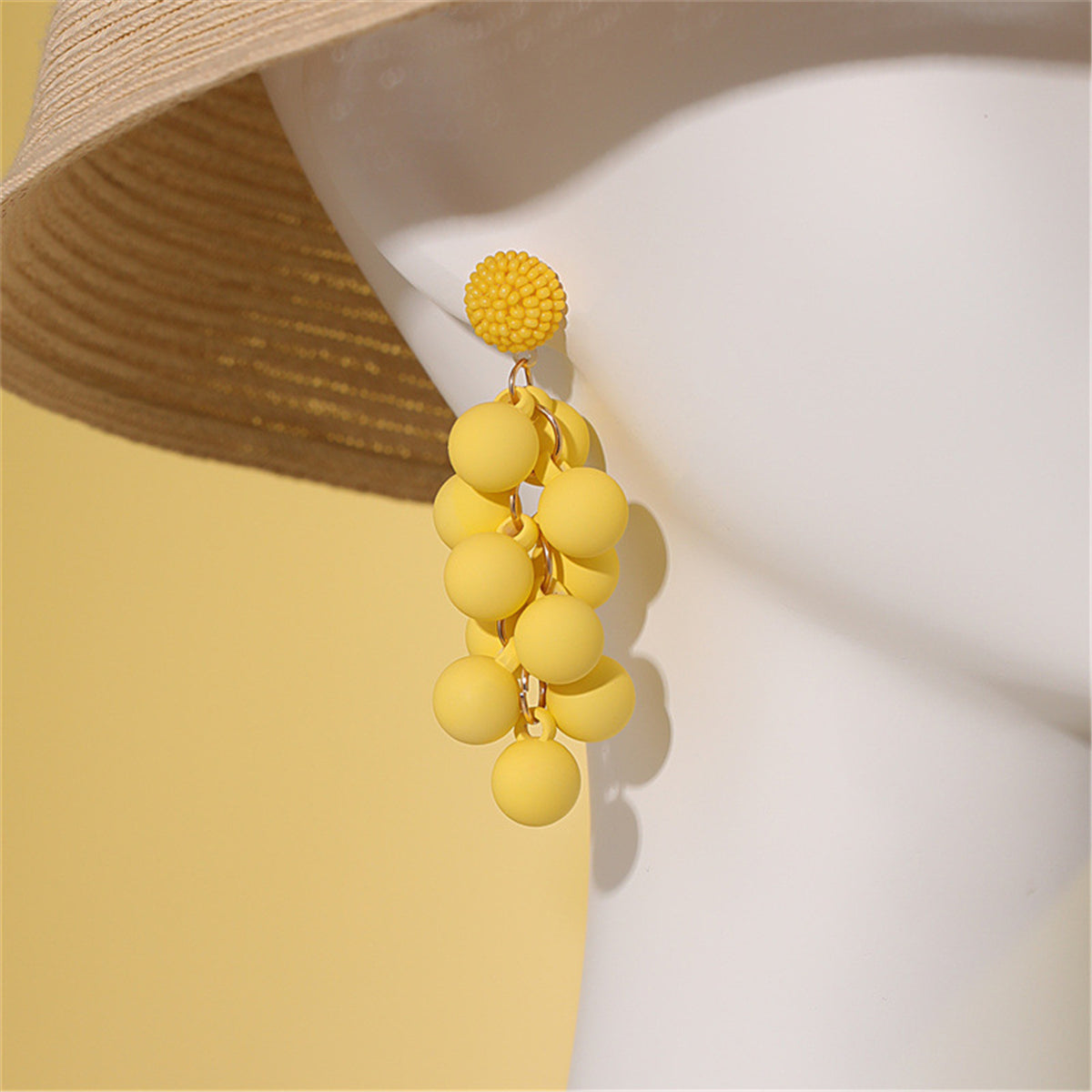 Yellow Acrylic and Howlite Round Grape Drop Earrings, drop earrings for women, botanical inspired, side view