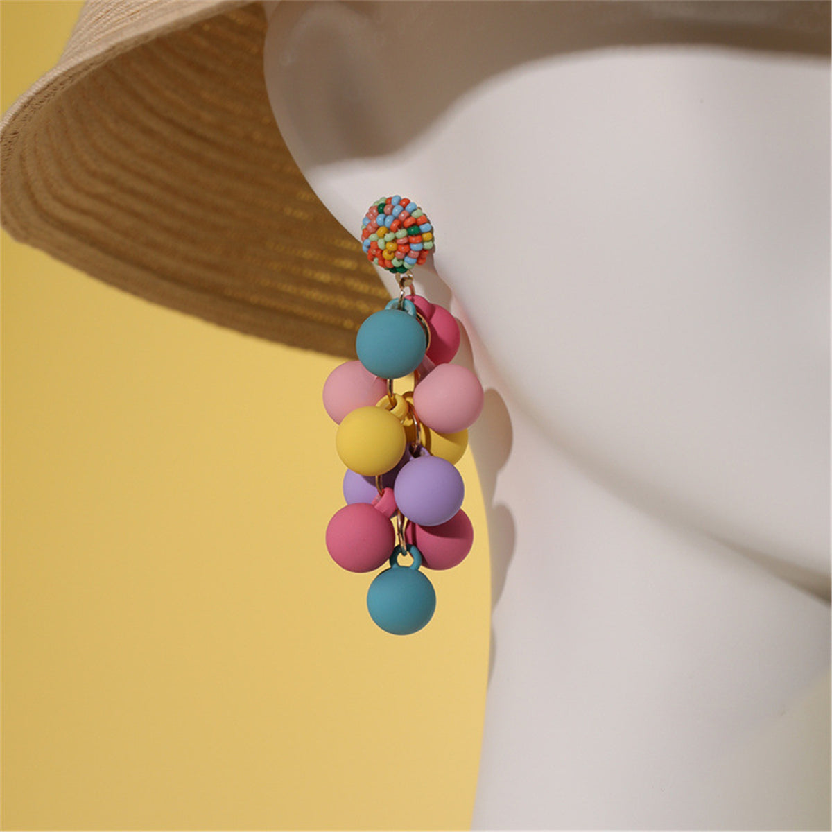 Purple and Yellow Rainbow Howlite Grape Drop Earrings, drop earrings for women, dainty minimalist design, lifestyle look