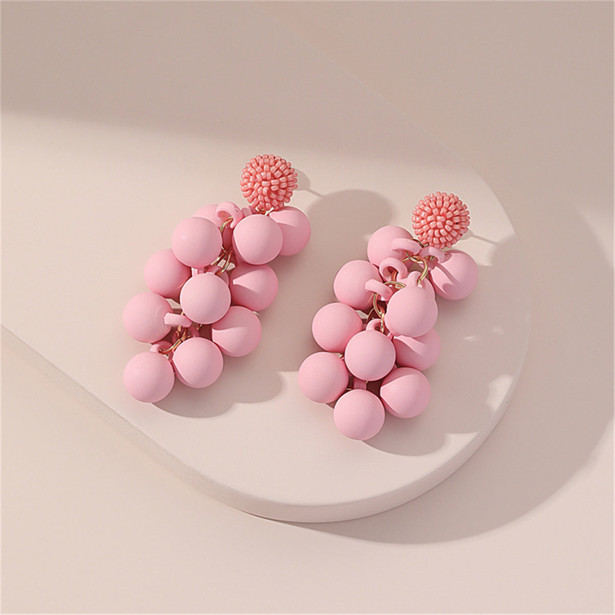 Pink Howlite and Acrylic Grape Drop Earrings, drop earrings for women, botanical inspired, front view