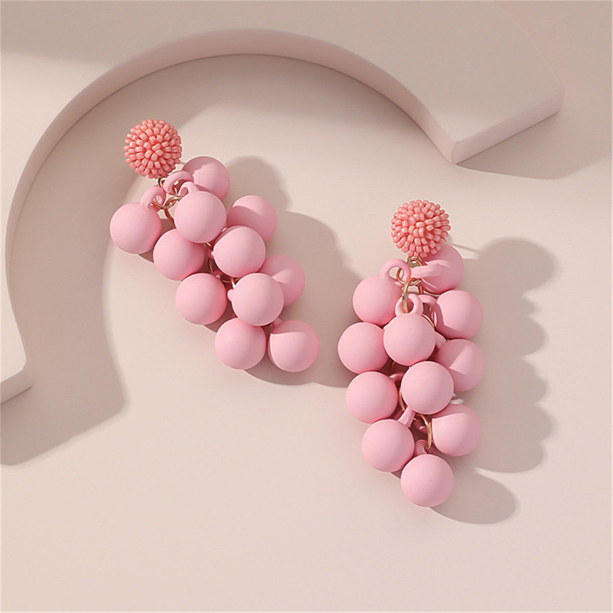 Pink Howlite and Acrylic Grape Drop Earrings, drop earrings for women, botanical inspired, detail close-up