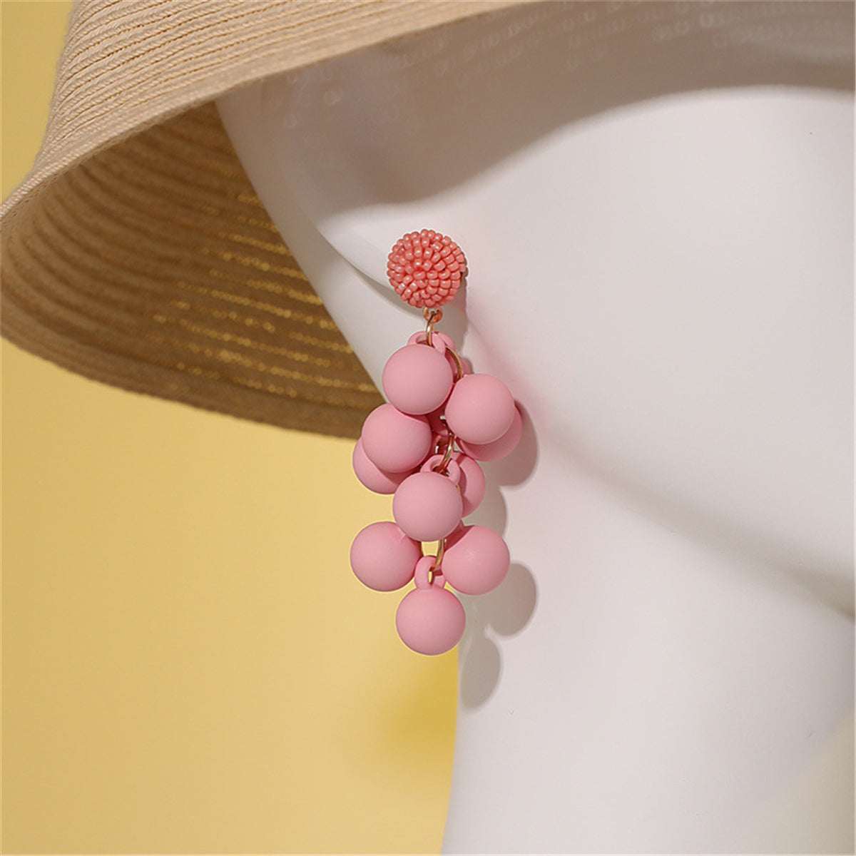 Pink Howlite and Acrylic Grape Drop Earrings, drop earrings for women, botanical inspired, side view
