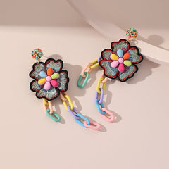 Pink & Green Cable-Chain Flower Tassel Drop Earrings