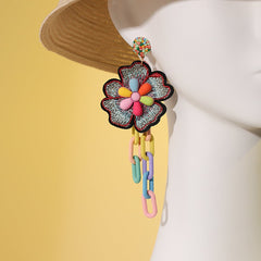 Pink & Green Cable-Chain Flower Tassel Drop Earrings