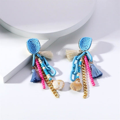 Lake Blue Polyster and Howlite Shell-Accent Tassel Drop Earrings, drop earrings for women, detail close-up