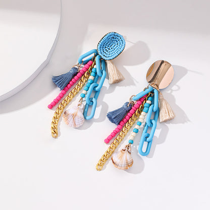 Lake Blue Polyster and Howlite Shell-Accent Tassel Drop Earrings, drop earrings for women, botanical inspired, lifestyle look