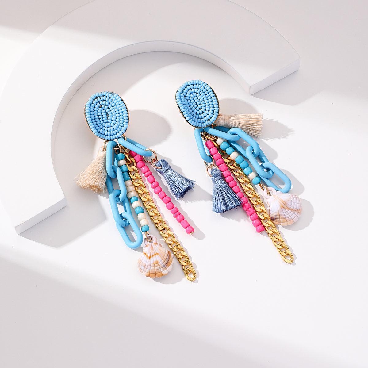 Lake Blue Polyster and Howlite Shell-Accent Tassel Drop Earrings, drop earrings for women, botanical inspired, styled look