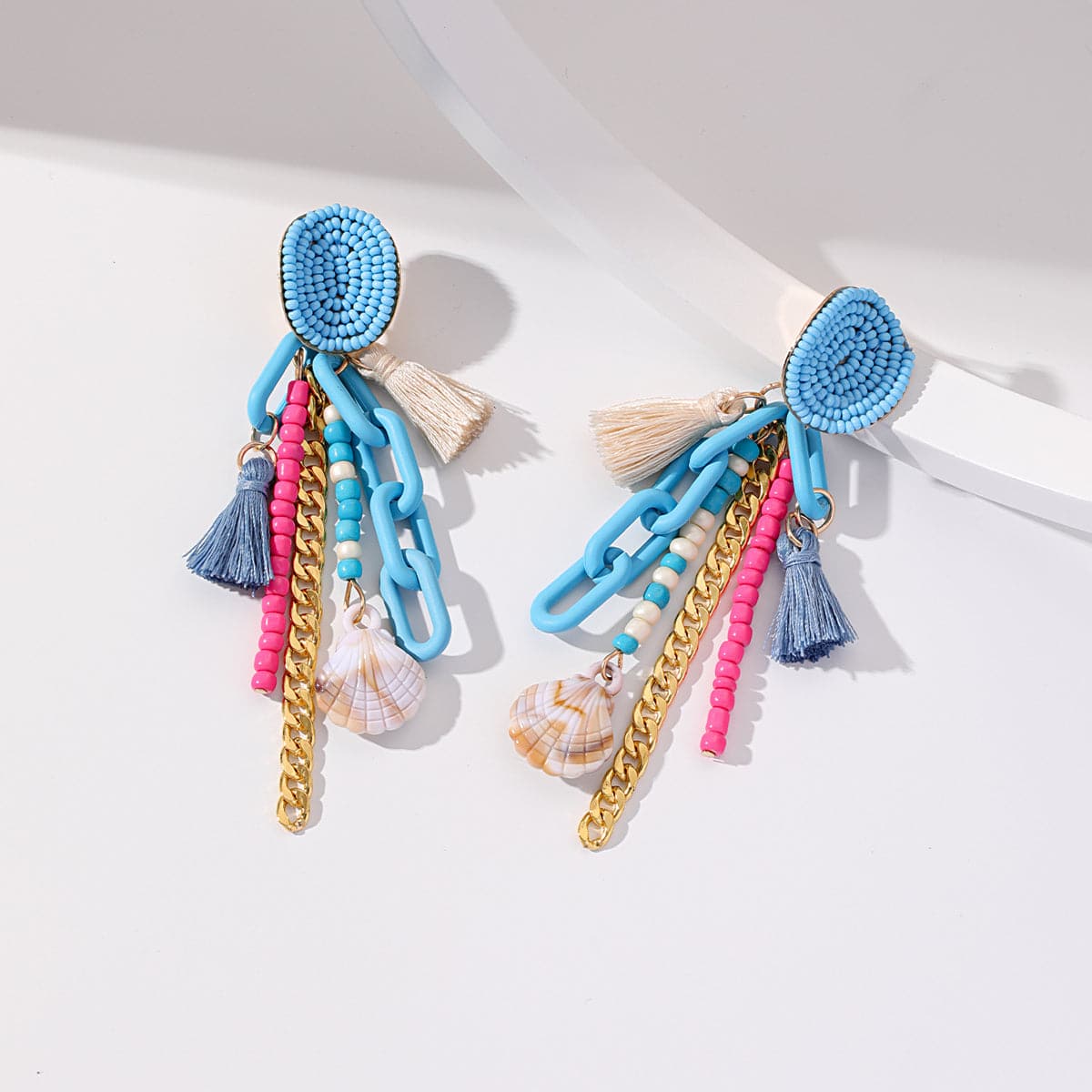 Lake Blue Polyster and Howlite Shell-Accent Tassel Drop Earrings, drop earrings for women, botanical inspired, front view