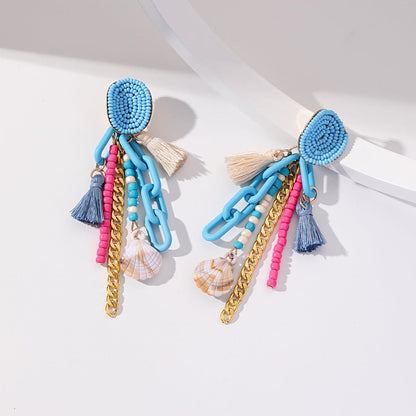 Lake Blue Polyster and Howlite Shell-Accent Tassel Drop Earrings, drop earrings for women, botanical inspired, front view