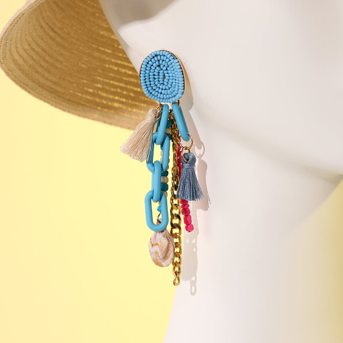 Lake Blue Polyster and Howlite Shell-Accent Tassel Drop Earrings, drop earrings for women, botanical inspired, side view