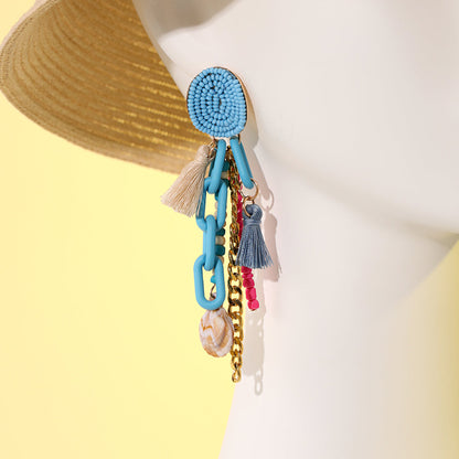 Lake Blue Polyster and Howlite Shell-Accent Tassel Drop Earrings, drop earrings for women, botanical inspired, side view