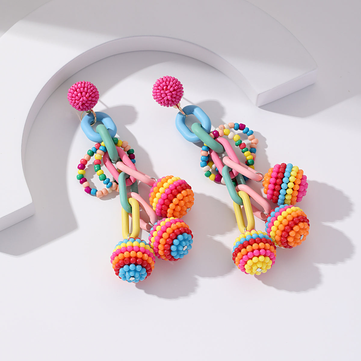 Pink and Blue Howlite Cable-Chain Ball Drop Earrings, drop earrings for women, dainty minimalist design, side view