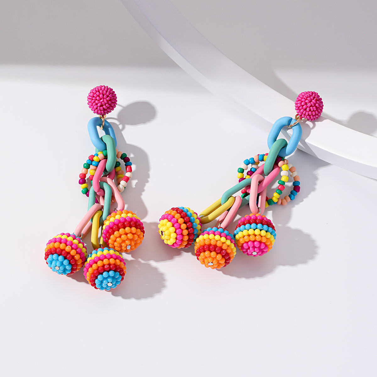 Pink and Blue Howlite Cable-Chain Ball Drop Earrings, drop earrings for women, dainty minimalist design, detail close-up