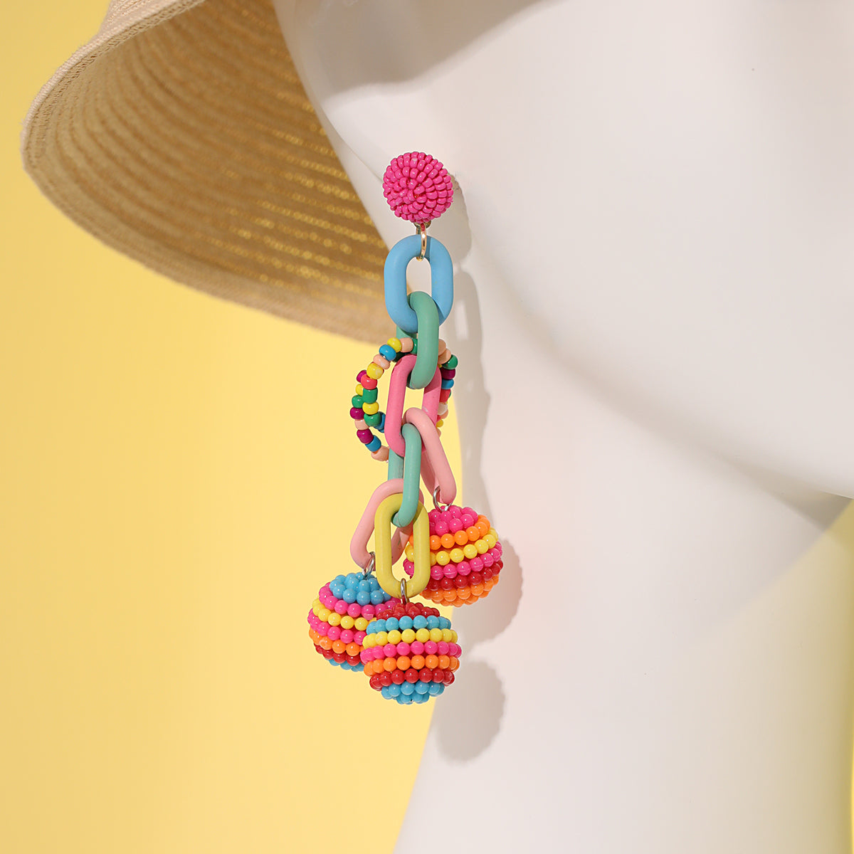 Pink and Blue Howlite Cable-Chain Ball Drop Earrings, drop earrings for women, dainty minimalist design, front view