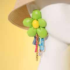 Light Green & Yellow Polyster Howlite Flower Drop Earrings