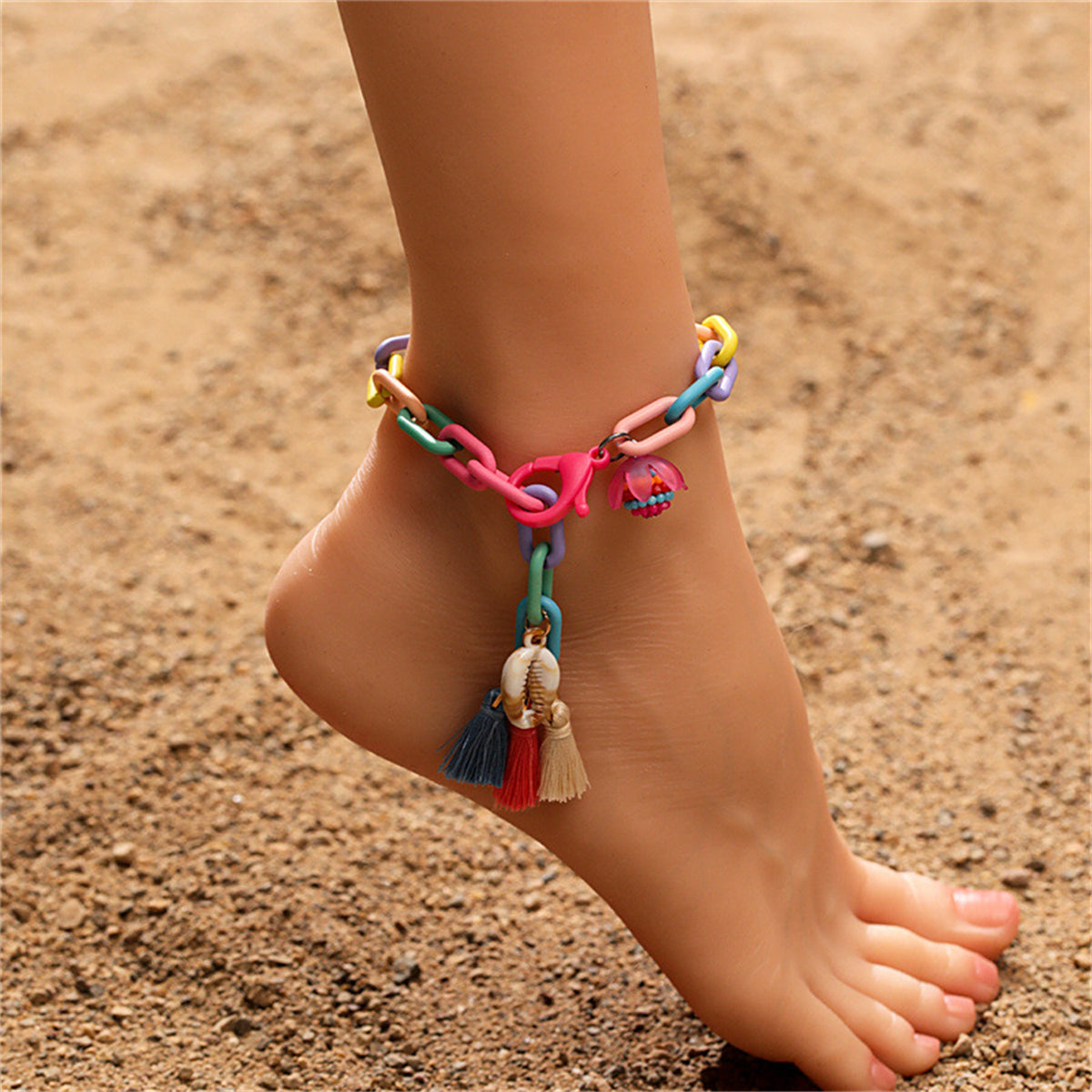 Howlite and Polyster 18K Gold-Plated Multicolor Linked Flower and Tassel Anklet, gold anklet bracelet, front view
