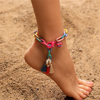 Howlite and Polyster 18K Gold-Plated Multicolor Linked Flower and Tassel Anklet, gold anklet bracelet, front view