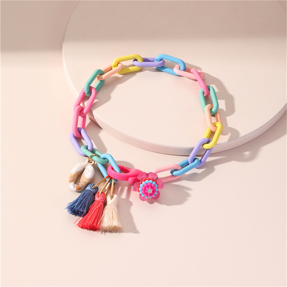 Howlite and Polyster 18K Gold-Plated Multicolor Linked Flower and Tassel Anklet, gold anklet bracelet, side view