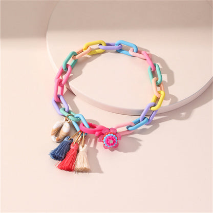 Howlite and Polyster 18K Gold-Plated Multicolor Linked Flower and Tassel Anklet, gold anklet bracelet, side view