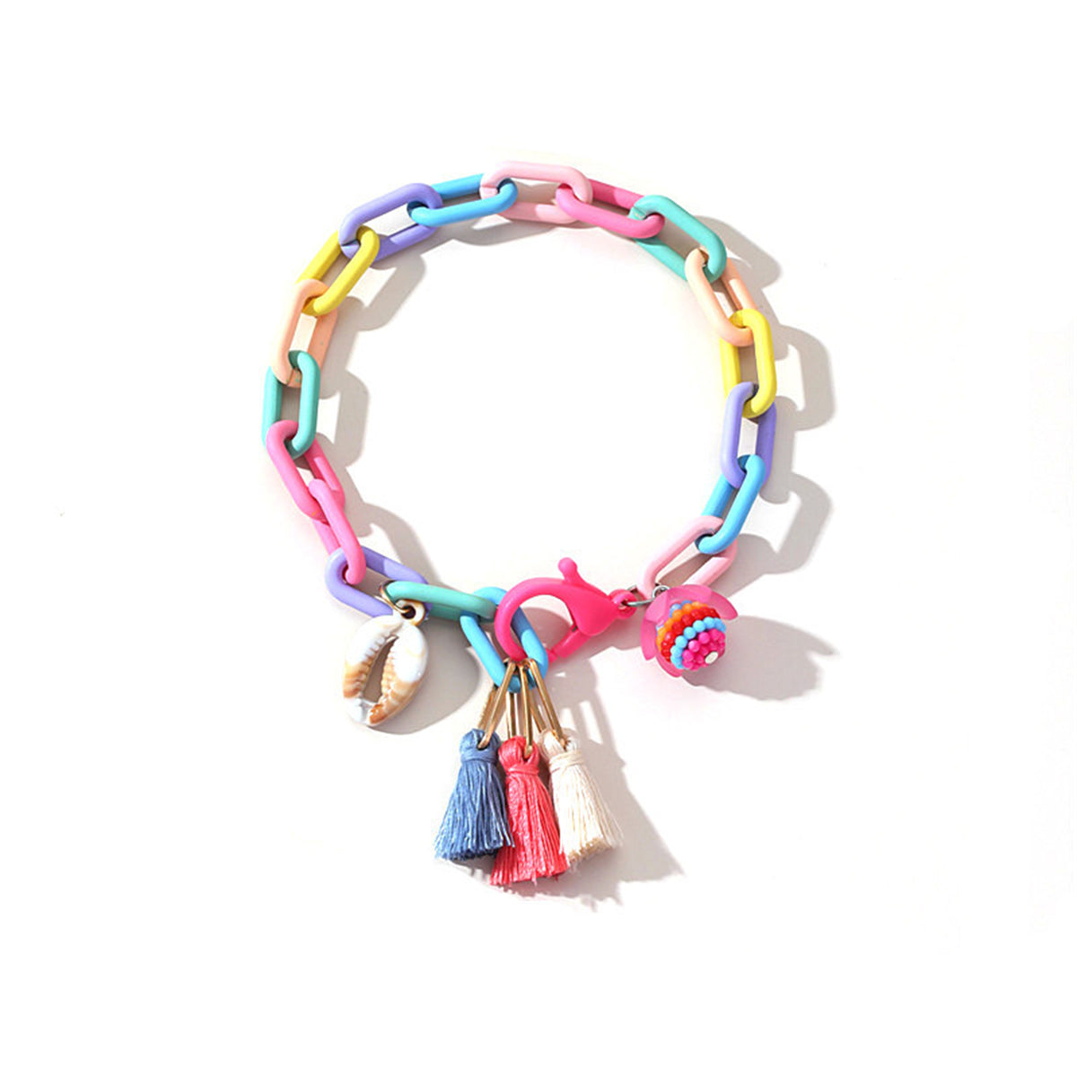 Howlite and Polyster 18K Gold-Plated Multicolor Linked Flower and Tassel Anklet, gold anklet bracelet, detail close-up