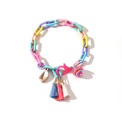 Howlite and Polyster 18K Gold-Plated Multicolor Linked Flower and Tassel Anklet, gold anklet bracelet, detail close-up