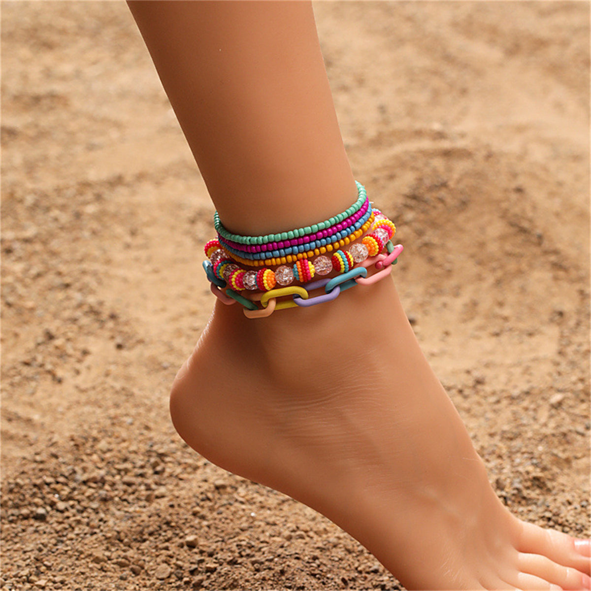Howlite Multicolor Stretch Anklet Set, jewelry gift sets for women, vintage-inspired design, front view