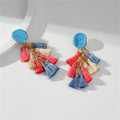 Blue Howlite & Red Polyster Oval Tassel Drop Earrings