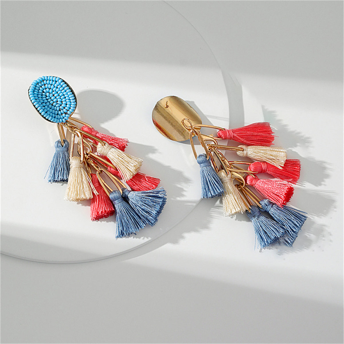 Blue Howlite & Red Polyster Oval Tassel Drop Earrings