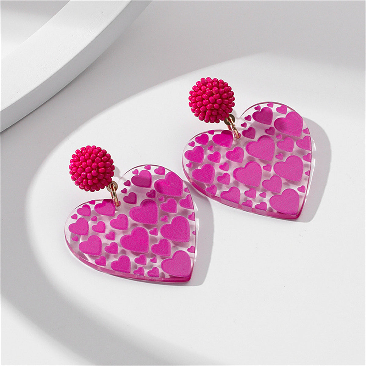 Rose Red Howlite and Acrylic Heart Drop Earrings, drop earrings for women, vintage-inspired design, front view