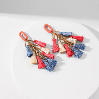 Orange and Blue Tassel Drop Earrings, drop earrings for women, dainty minimalist design, front view