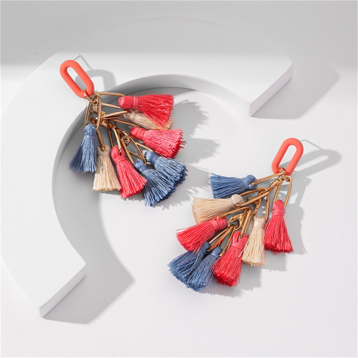 Orange and Blue Tassel Drop Earrings, drop earrings for women, dainty minimalist design, detail close-up
