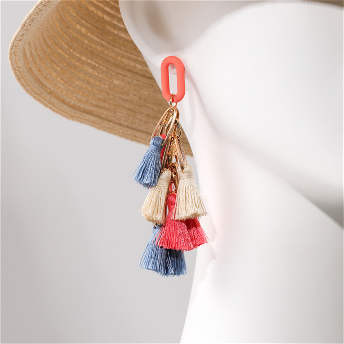 Orange and Blue Tassel Drop Earrings, drop earrings for women, dainty minimalist design, side view