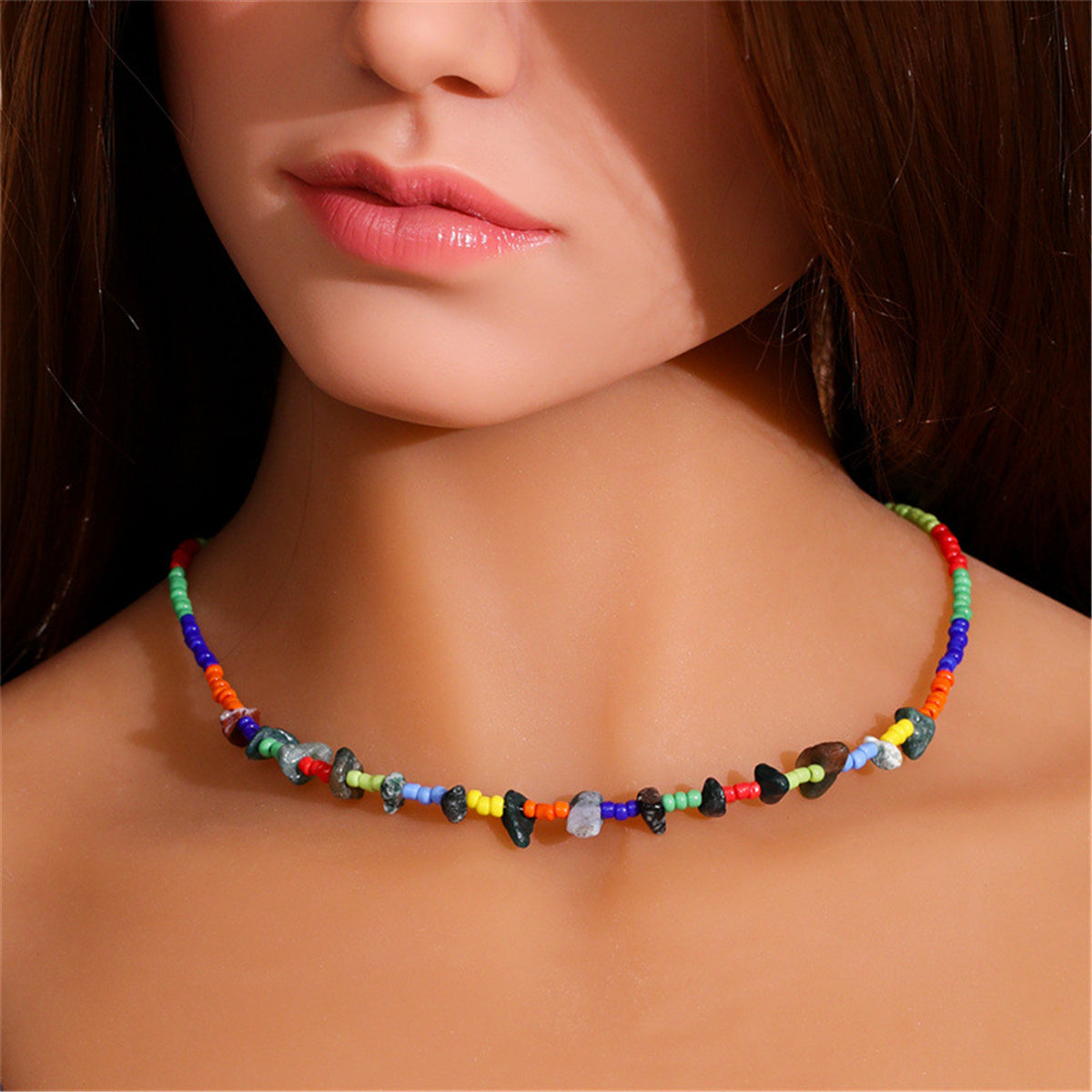 Navy and Orange Howlite Rainbow Bead Necklace, pendant necklace for women, botanical inspired, front view