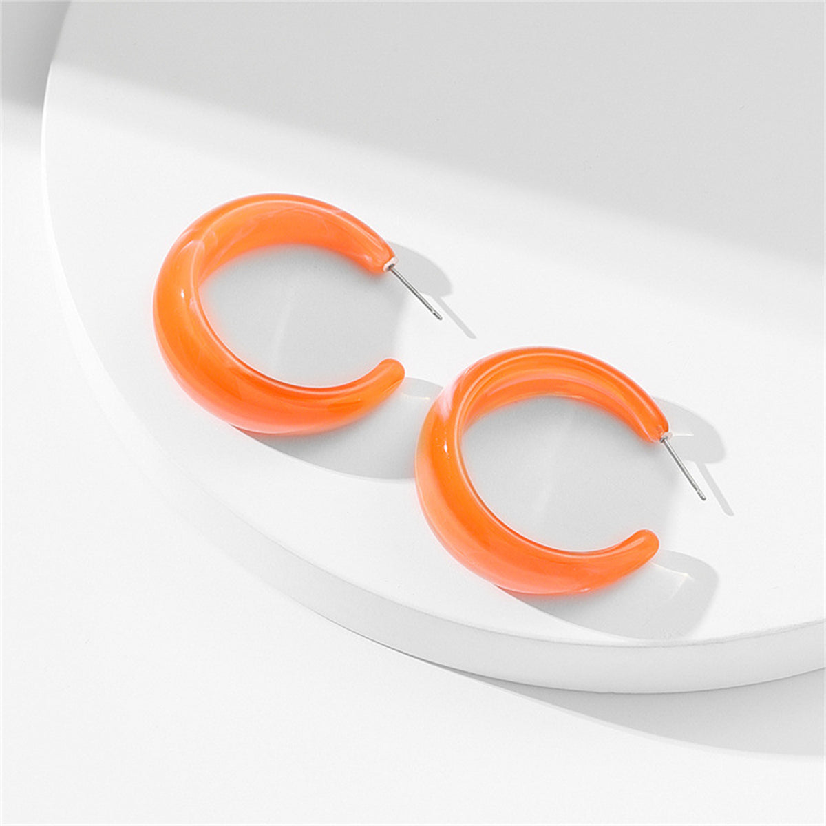 Orange and Silver-Plated Open Huggie Earrings, silver huggie earrings, elegant gift for her, front view