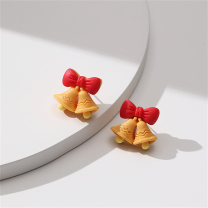 Red Resin and Silver-Plated Bow Bell Stud Earrings, silver stud earrings for women, botanical inspired, detail close-up