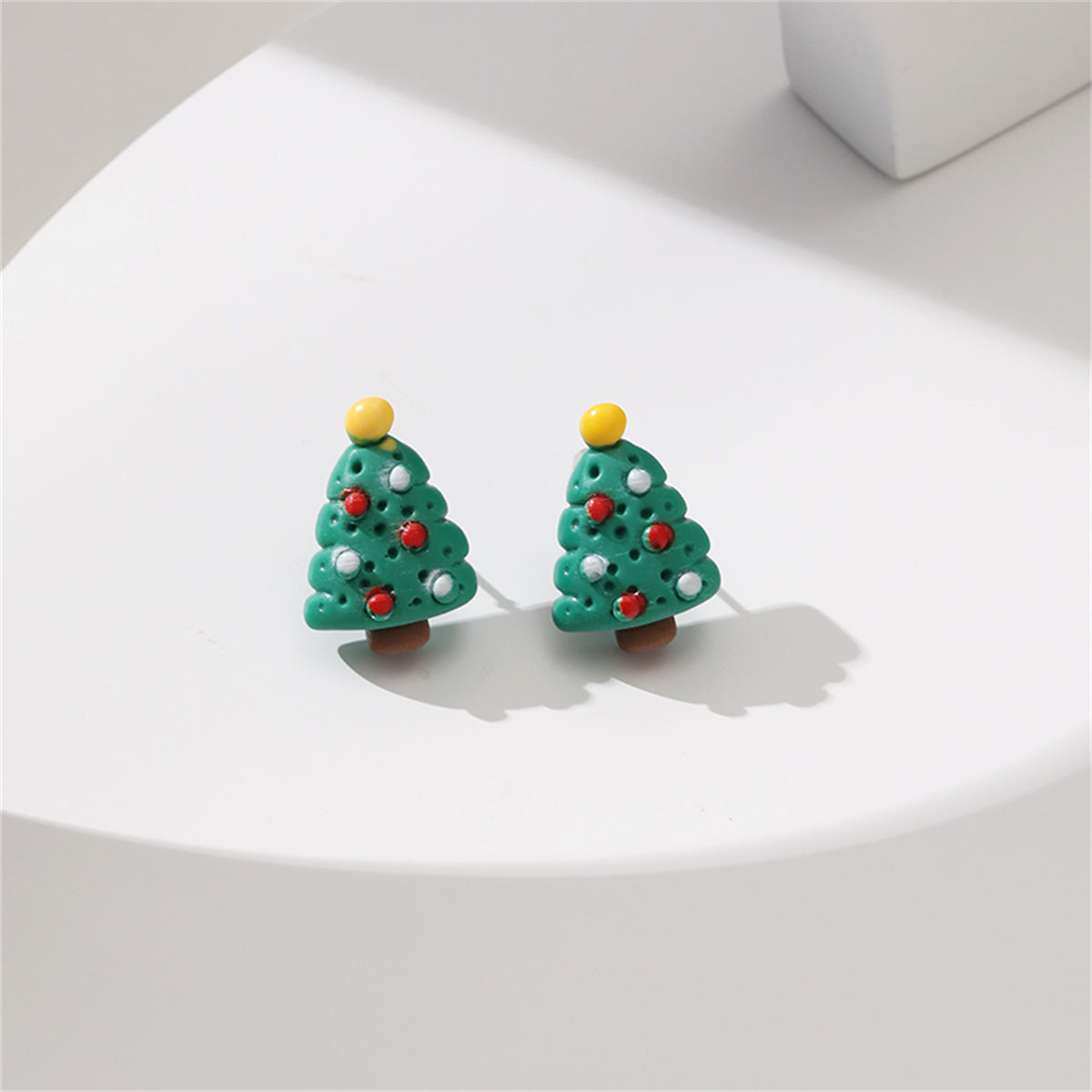 Green Resin and Silver-Plated Christmas Tree Stud Earrings, silver stud earrings for women, front view