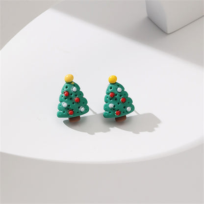 Green Resin and Silver-Plated Christmas Tree Stud Earrings, silver stud earrings for women, front view